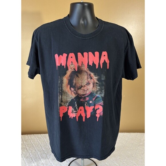 Chucky Doll Wanna Play Horror Movie Series Graphic Black Shirt Men’s Size L - Picture 3 of 16